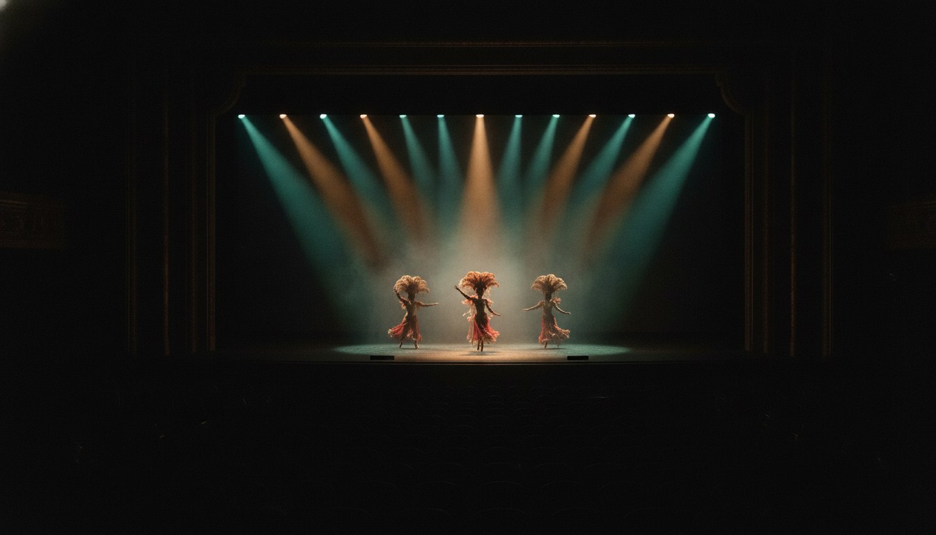 Vista amplia del escenario con siluetas a contraluz entre haces de luz y humo