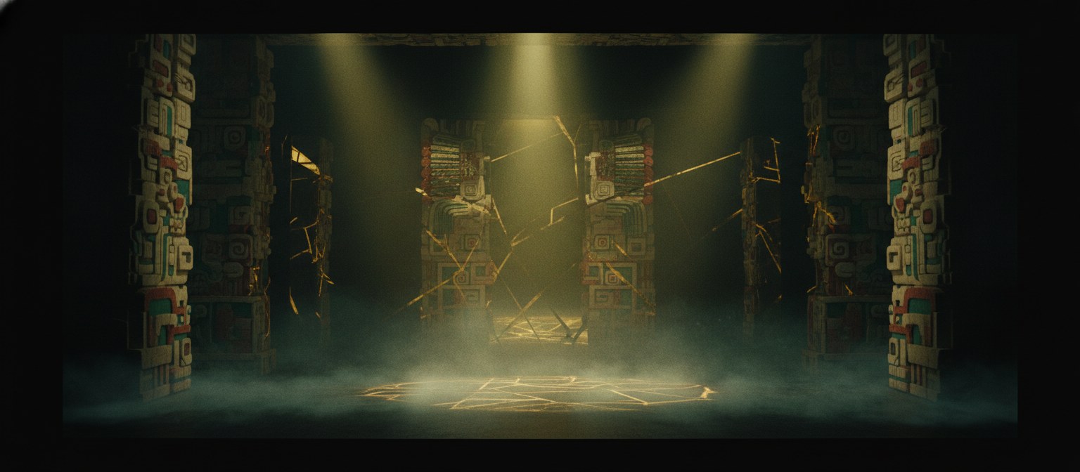 Escenografía monumental de relieves mexicas bajo haces de luz jade y humo