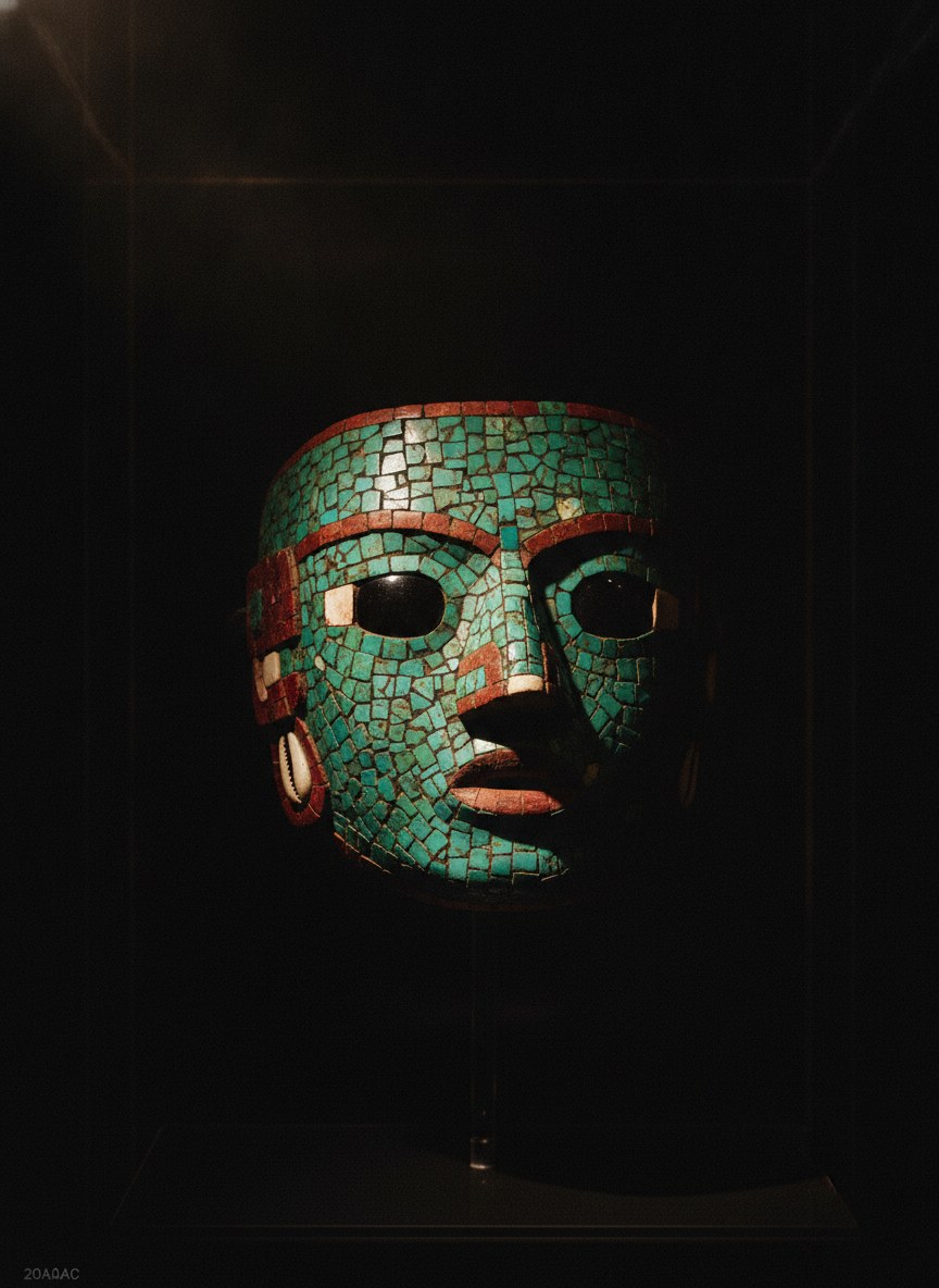 Máscara mexica de mosaico de jade y turquesa iluminada en vitrina