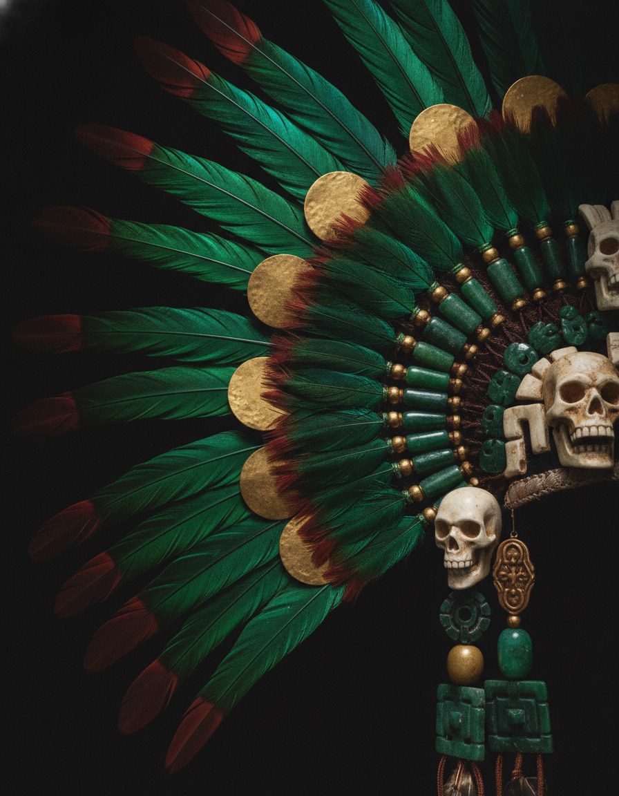 Detalle de penacho de plumas de quetzal con discos de oro y cuentas de jade