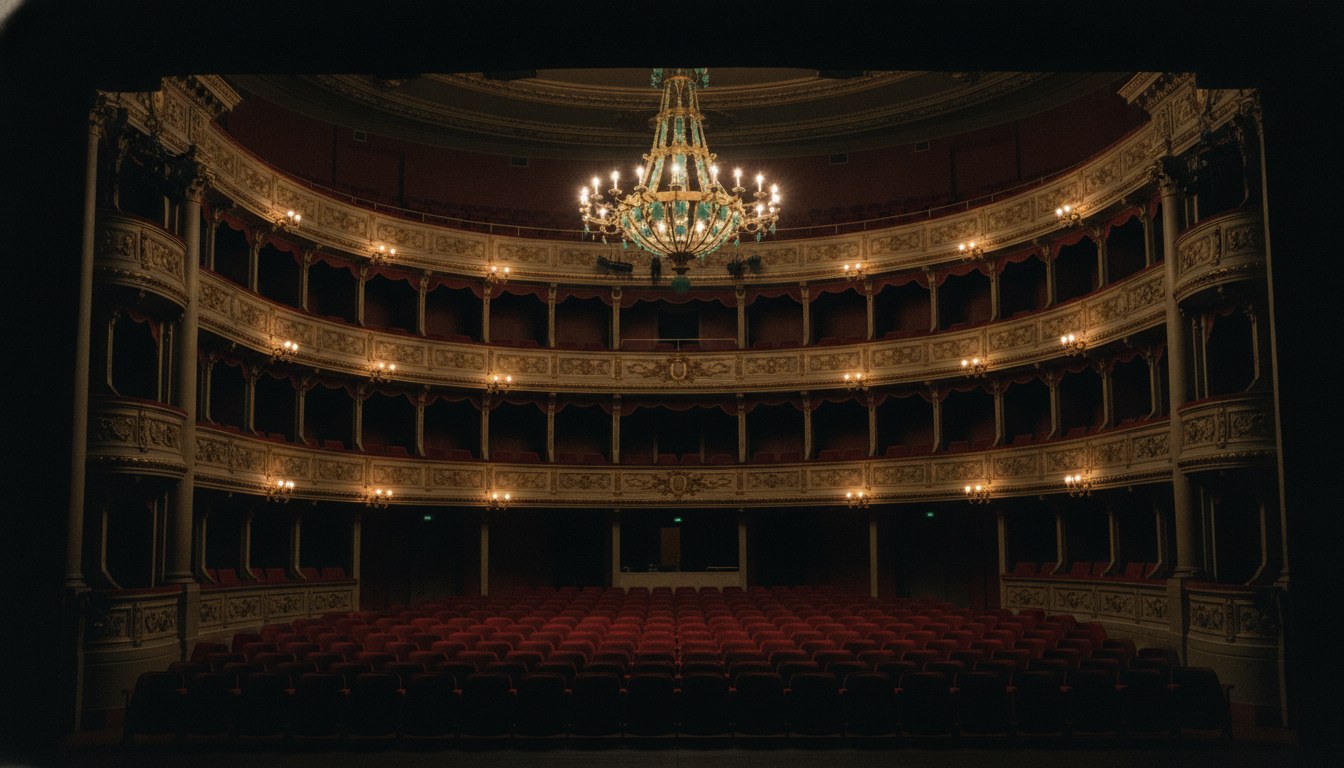 Sala histórica de teatro vacía con balcones dorados y butacas carmín